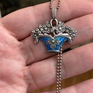 Elegant Sterling Silver & Marcasite Blue Floral Pendant Necklace
